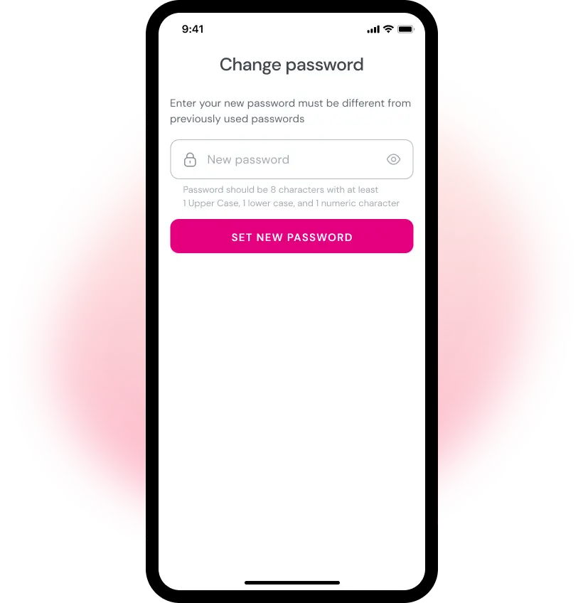 "Change Password" screen for Oolfa users who are trying to reset their forgotten password