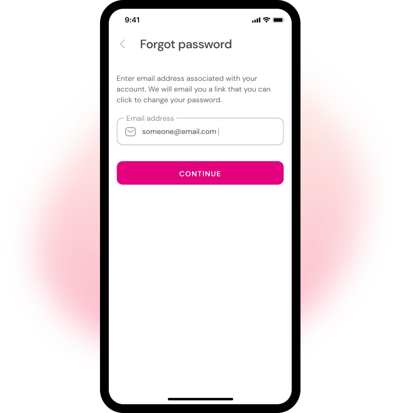 "Forgot Password" Screen where Oolfa user will enter email to reset forgotten password
