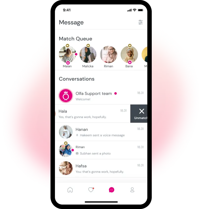 Messages screen. In this screen, each Oolfa member can view their matches and conversations. To cancel the match with a member, you must drag the message with the member to the left and then cancel the match through the options that appear.