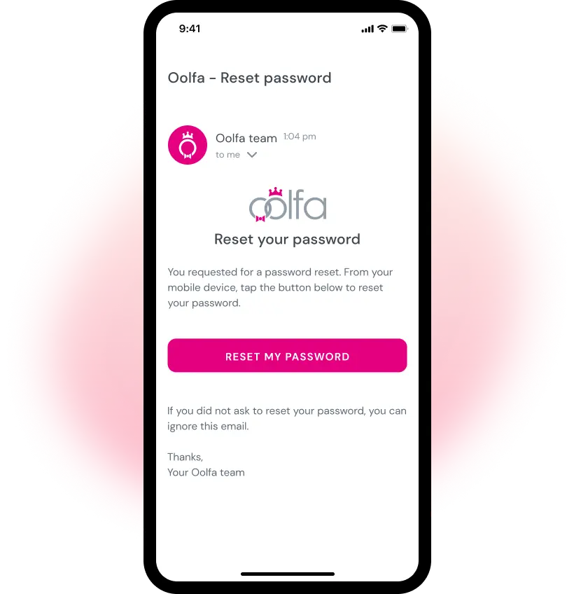 "Reset Password" email which is sent to Oolfa users who are trying to reset their forgotten password