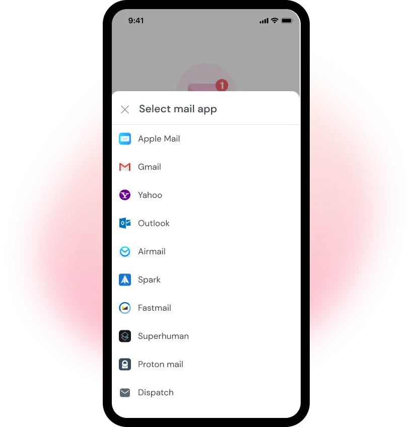 "Select Mail App" modal for Oolfa users who are resetting their forgotten password
