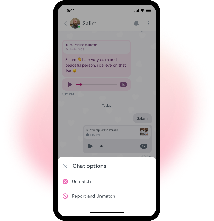 Chat screen between two Oolfa members with chat options modal. The owner of the app can report the other member in the chat using the chat options.