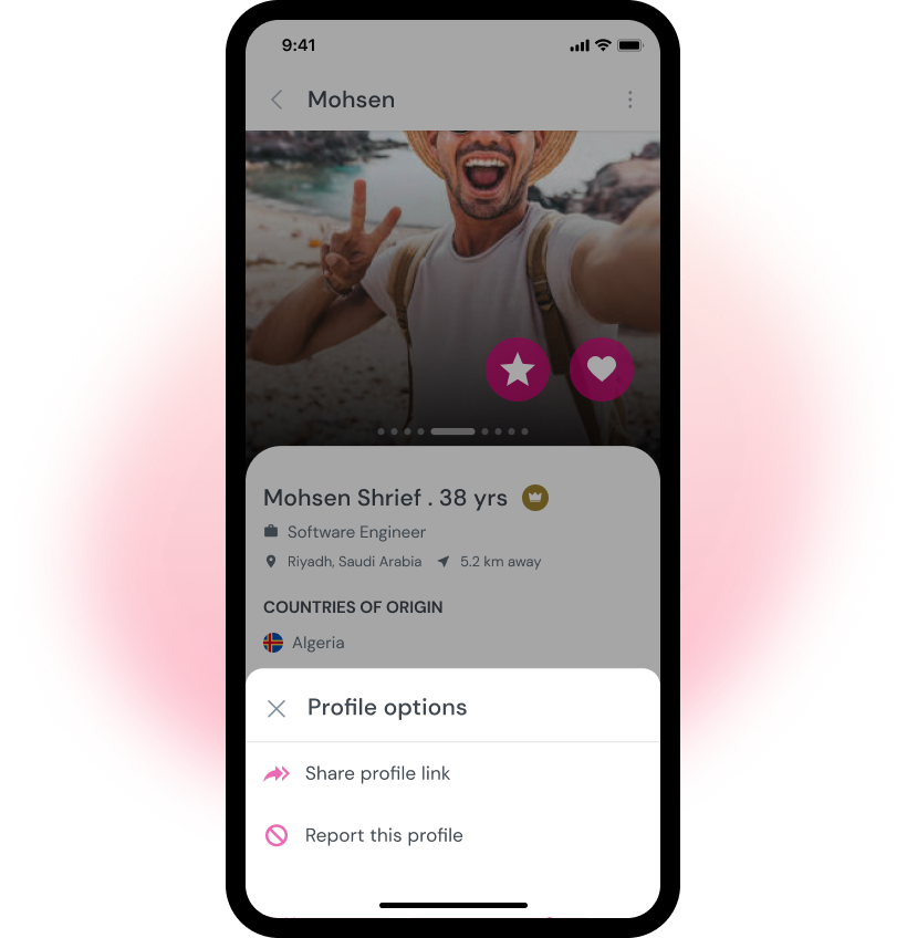 Profile screen of an Oolfa member with profile options modal. The owner of the app can report the owner of the profile using the profile options.